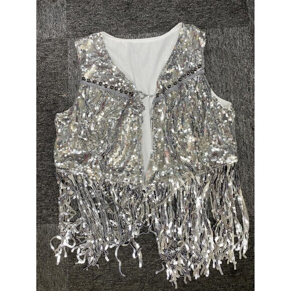 Womens LED Light Up Sequin Fringe Vest Sparkly Silver Disco Party Jacket Top - Picture 5 of 9